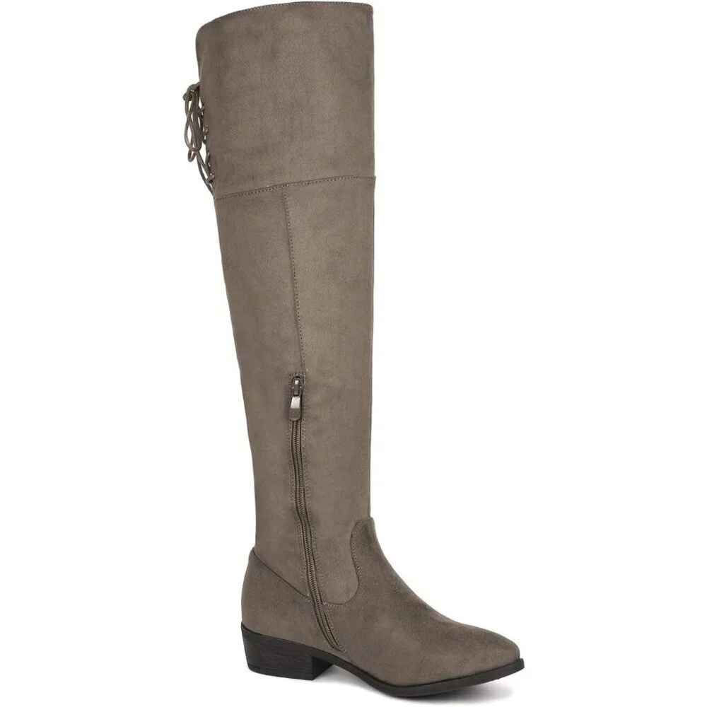 Women Khaki Textile Over The Knee High Low Block Heel Pointed Toe Riding Boot